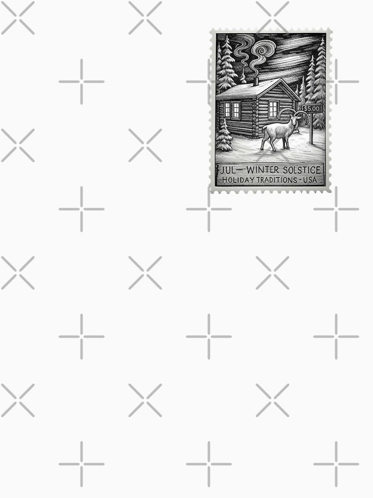 Yule Winter Solstice Stamp – Nordic Cabin, Snowy Forest & Goat Illustration | Holiday Traditions Art by Attire mukashaf