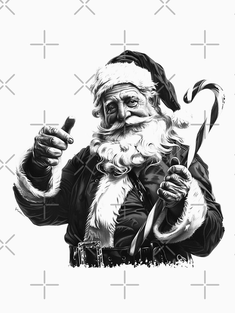 Santa with Candy Cane – Classic Black and White Christmas Illustration by inkoutninja