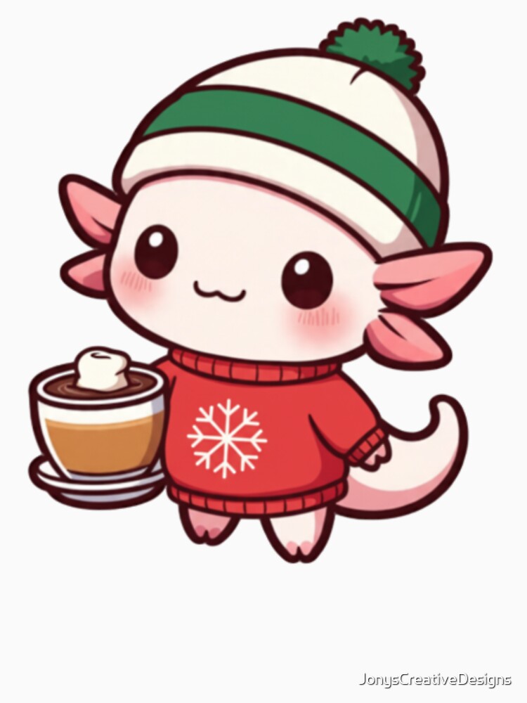 Festive axolotl wearing an ugly sweater and drinking hot chocolate by JonysCreativeDesigns