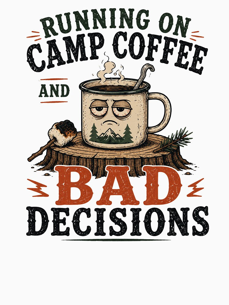 Running on Camp Coffee and Bad Decisions Adult Camping T-shirt by TWYtees