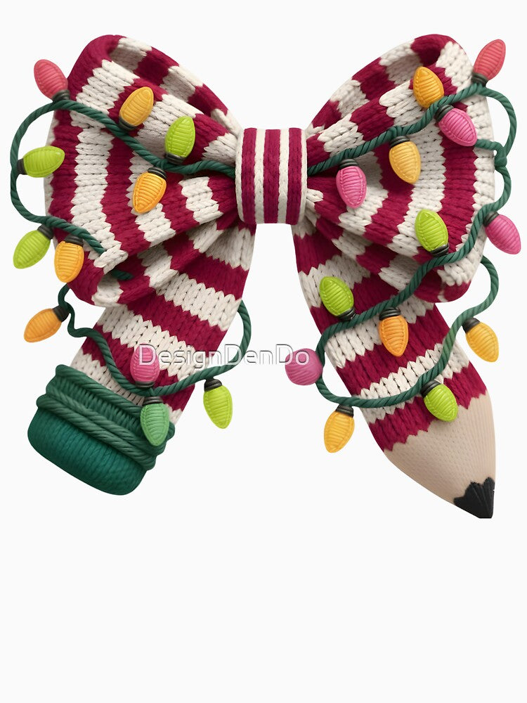 Yarn Crochet Teacher, Latch Hook Christmas Coquette Bow, Merry Teacher, Teacher Faux Yarn Xmas, Christmas Pencil Bow by DesignDenDo ⭐⭐⭐⭐⭐