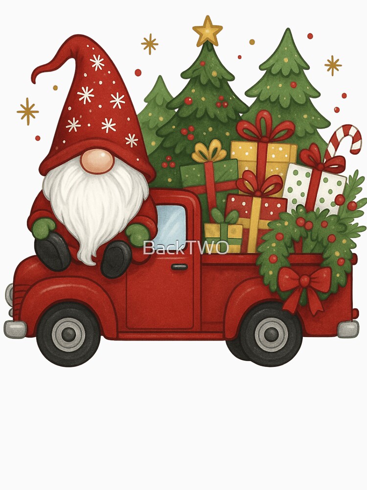 Cozy Christmas Gnome in a Red Truck - Rustic Holiday Art by BackTWO