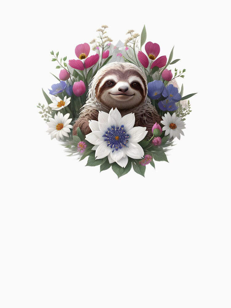 Smiling Sloth Surrounded by Flowers by hyggefolkart