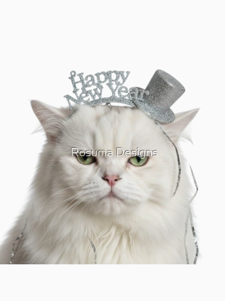 Grumpy White Cat Happy New Year | Funny Sarcastic Pet Art by Rosuma Designs