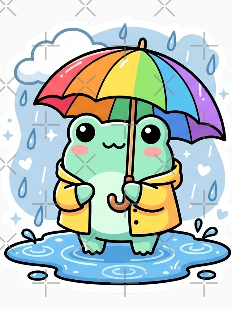 Frog with rainbow umbrella  – Cute Rainy Day Cartoon Aesthetic by ArtsyExplorer