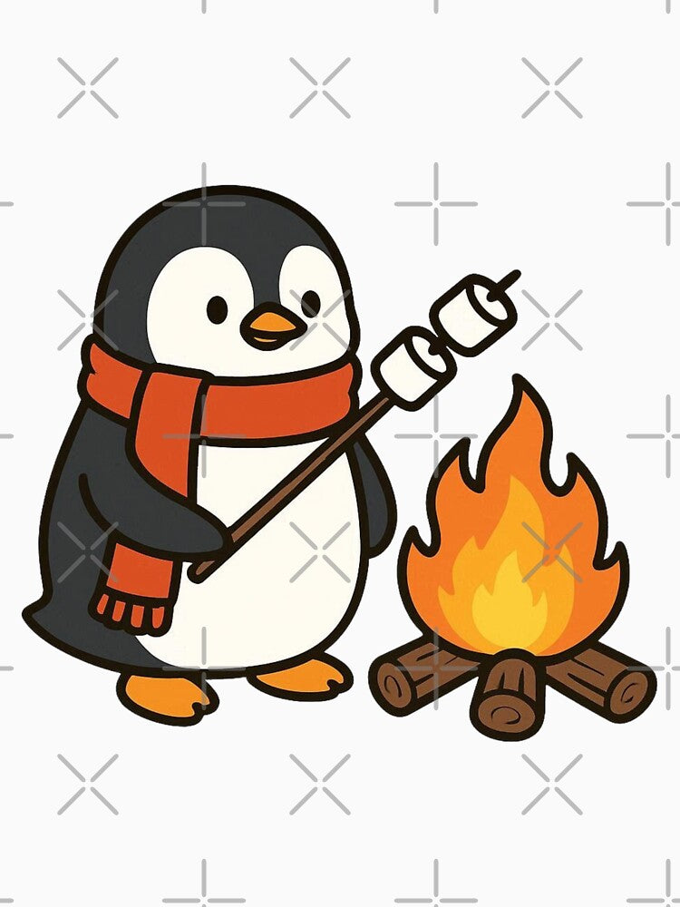 Penguin Toasting Marshmallows by Campfire – Cute Winter Scene by Confuzz1ed
