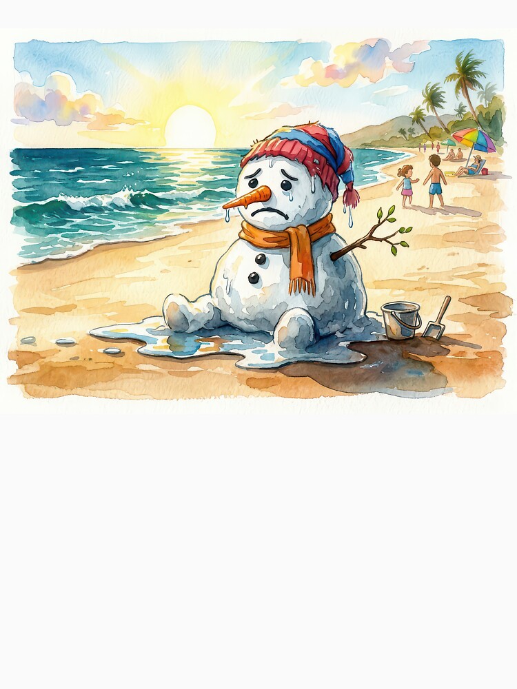 Sad Melting Snowman on a Summer Beach Watercolor by enes_photography