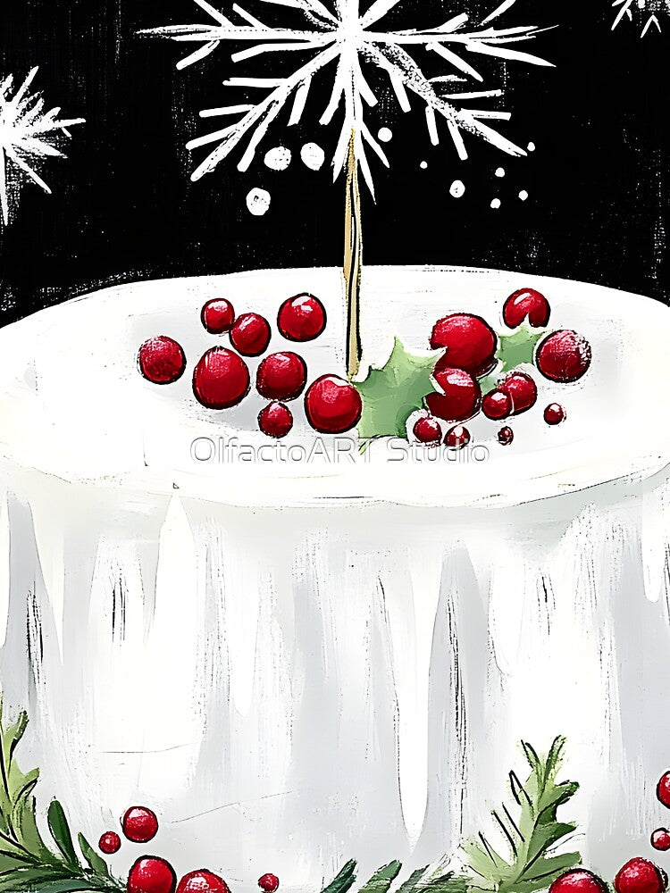 Festive Christmas Frosted Cake with Red Berries and Snowflake Topper Holidays Abstract Art AI Generated by OlfactoART Studio