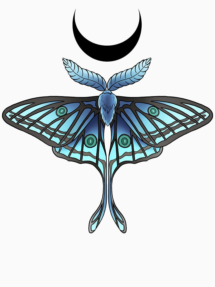 Vibrant Blue Moth Chasing the Moon by FoxSocksArt