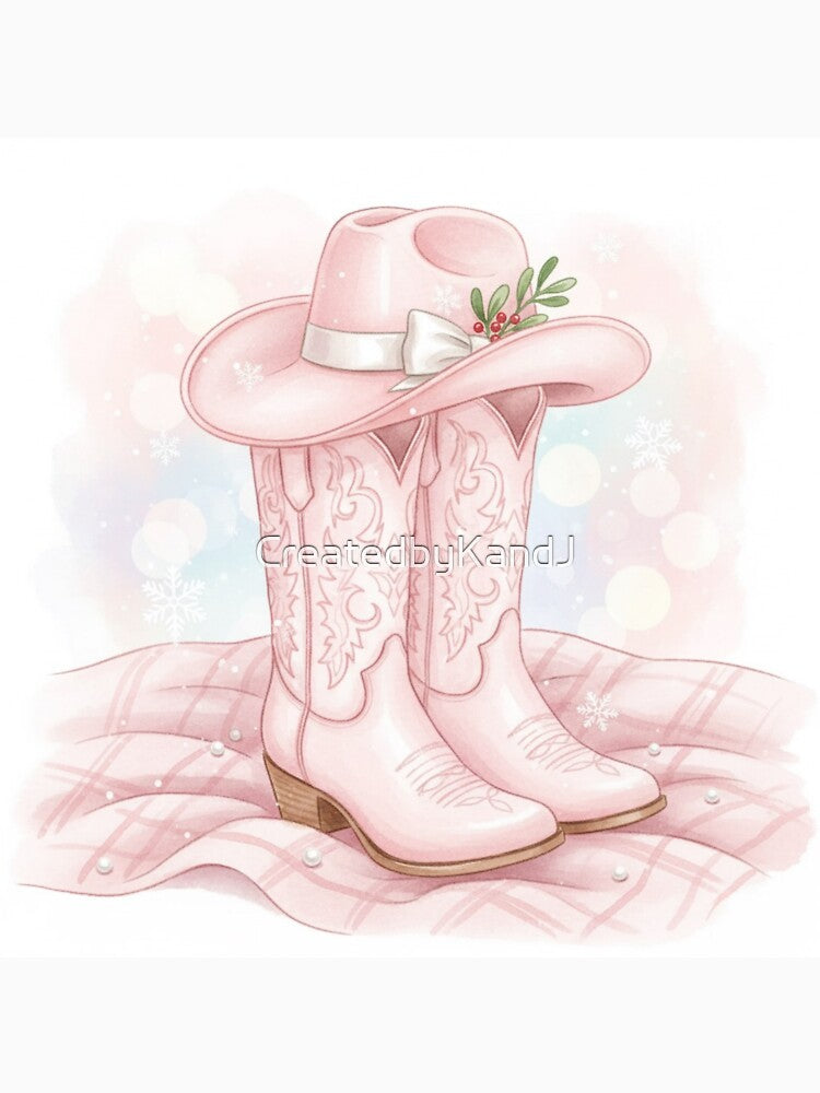 Pink Cowgirl Boots and Hat Christmas Art | Western Holiday Aesthetic by CreatedbyKandJ