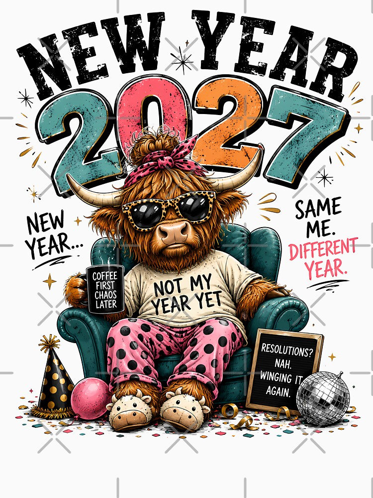 New Year 2027 Same Me Different Year Funny Highland Cow by madebymayberry