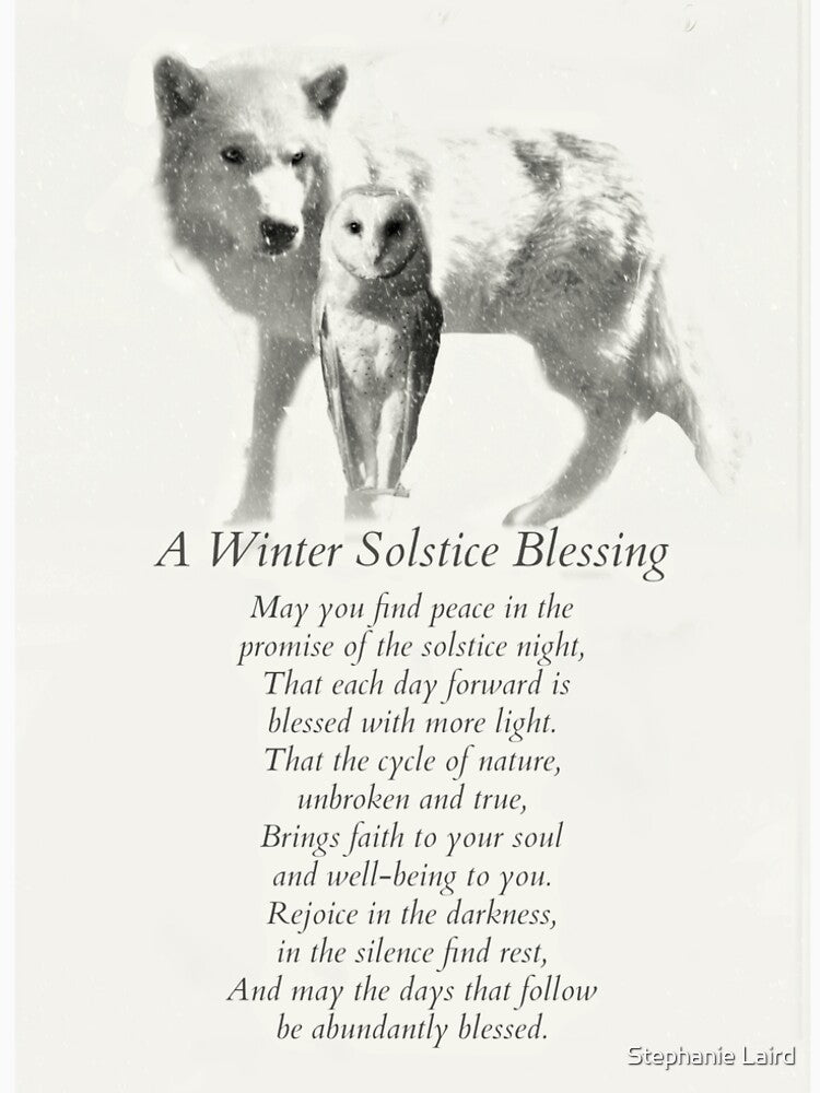 Wolf and Owl in Snow Winter Solstice Blessings by Stephanie Laird