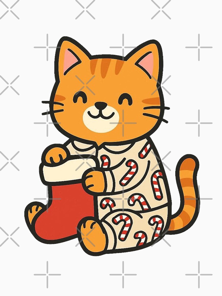 Cat in Christmas Pajamas with Stocking – Cute Festive Pet by Confuzz1ed