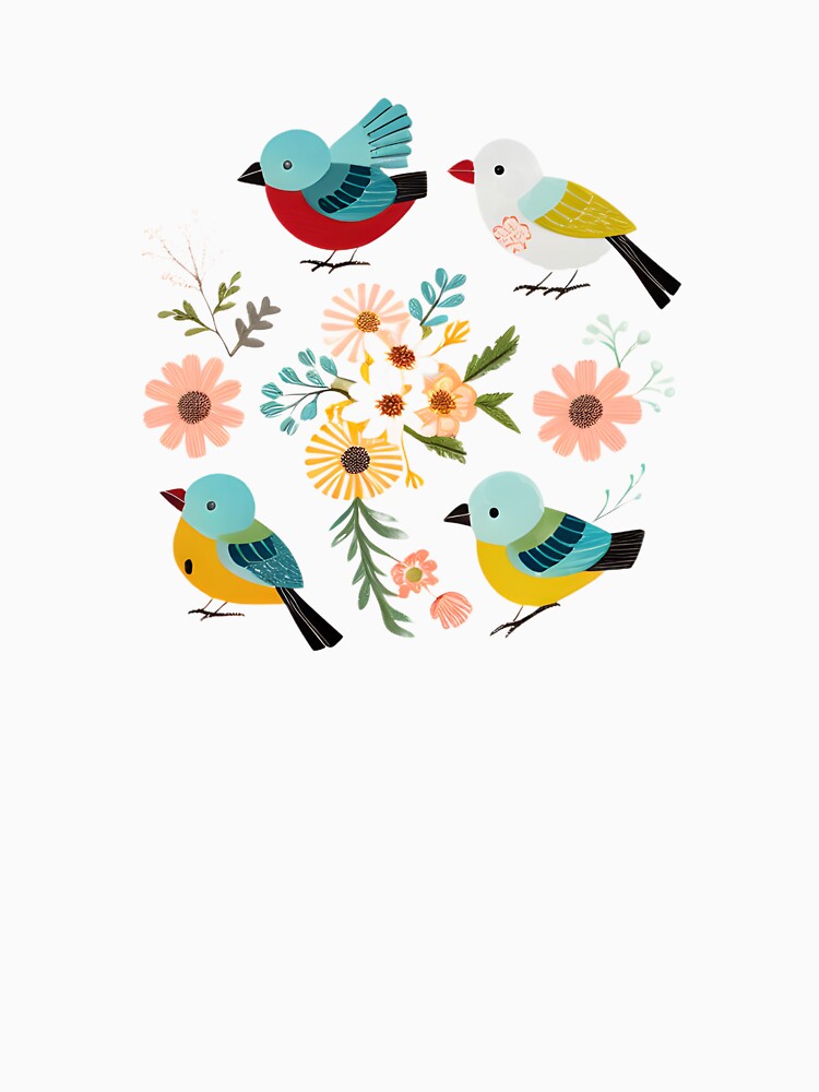 Inquisitive Birds and Vibrant Flowers by hyggefolkart
