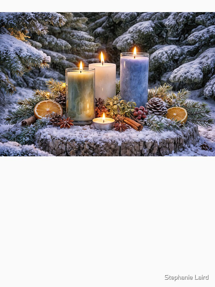 Winter Solstice Yule Candle Arrangement in the Forrest in the Snow by Stephanie Laird