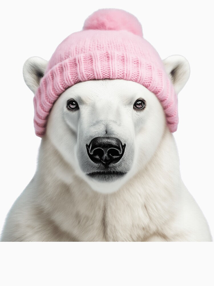 Cozy Polar Bear Wearing Pink Winter Hat Trendy Animal Fashion Artwork by LazyOwlStore