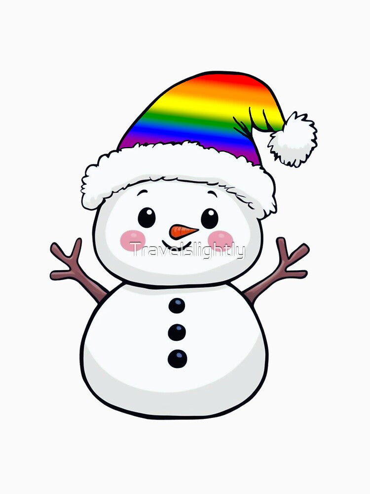 Adorable Snowpal wearing an LGBTQ Rainbow Pride Santa Hat | LGBTQ Pride Holiday Design by Travelslightly