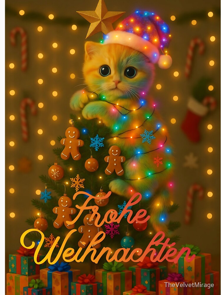 Christmas kitten, cute cat in Christmas tree with lights and Merry Christmas by TheVelvetMirage