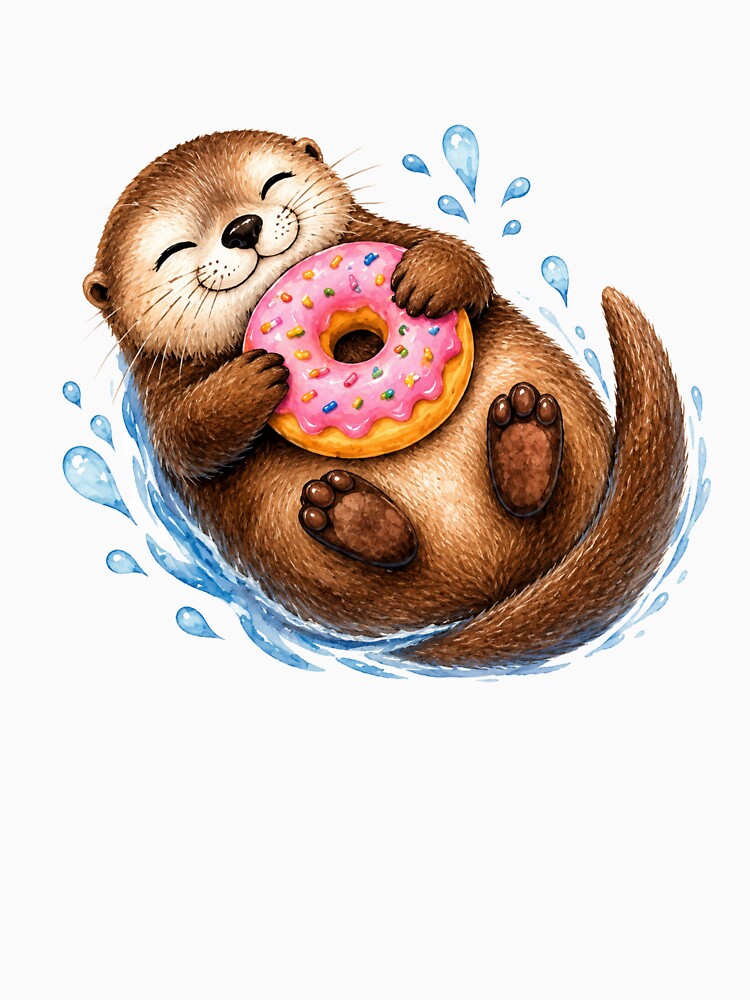 Cute Otter Hugging Pink Donut Watercolor Art by GusiaTreasures