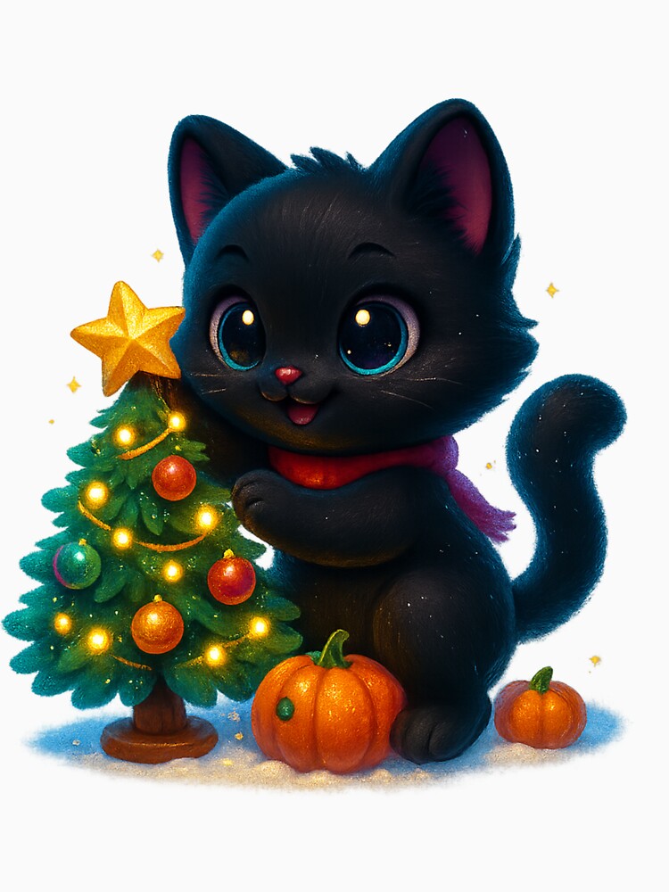 Cute Cat Decorating Christmas Tree with Star by PrintCreations9