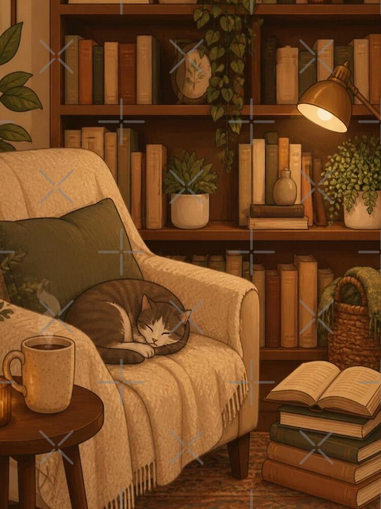 Cozy Hygge Library Sleeping Cat by creativerooney