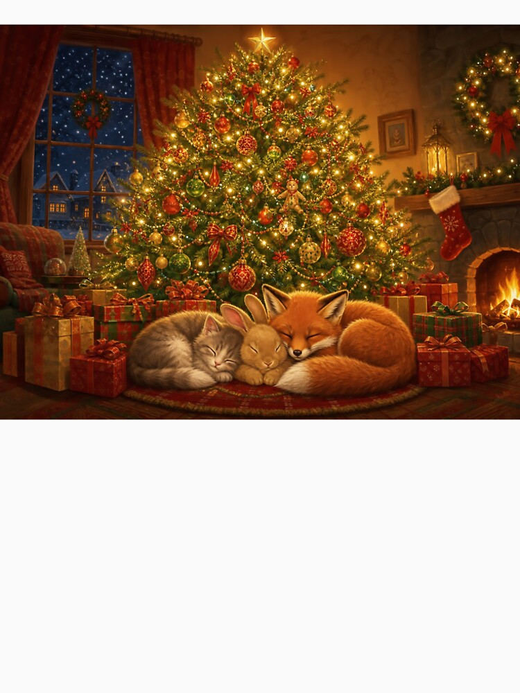 Kitten, Bunny and Fox Sleeping Under the Christmas Tree by acceleratorhams