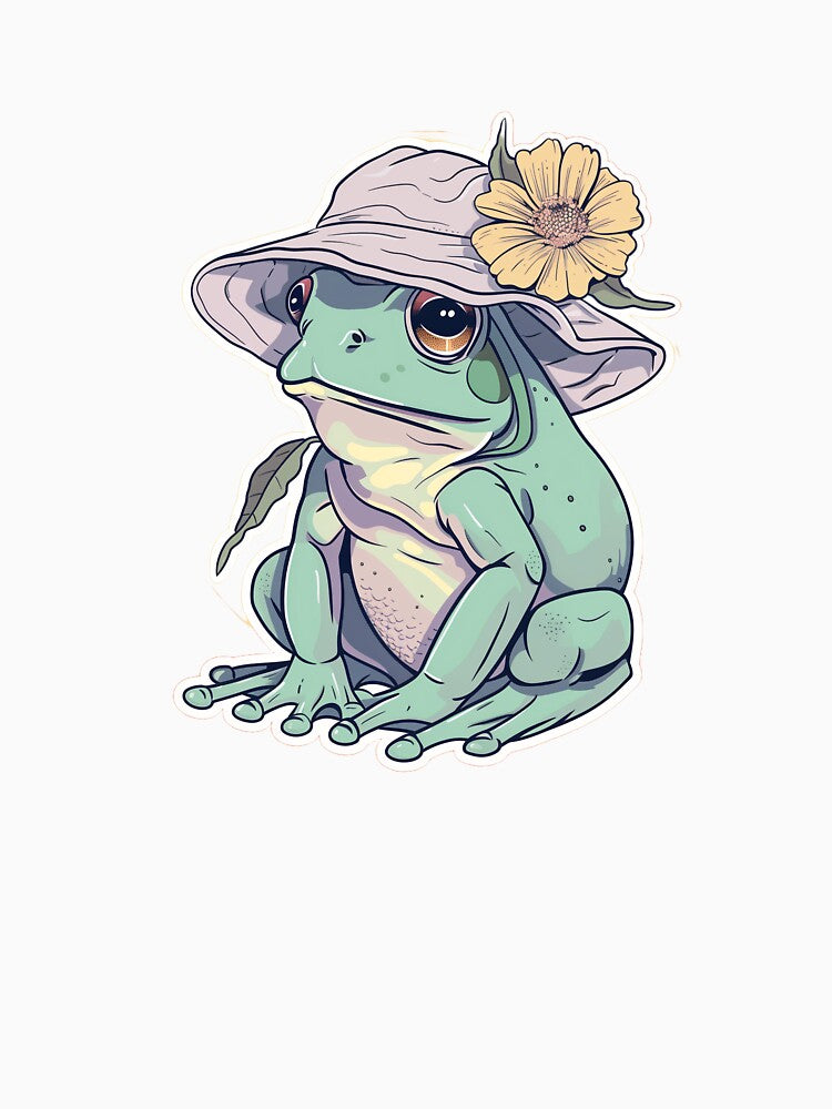 Kawaii Frog Sticker - Whimsical Frog with Bucket Hat & Flower - Weirdcore Aesthetic by NADARTDOM