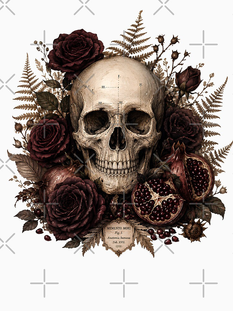 Memento Mori Skull - Gothic Dark Academia Roses and Pomegranate by Neurospicy Trolls