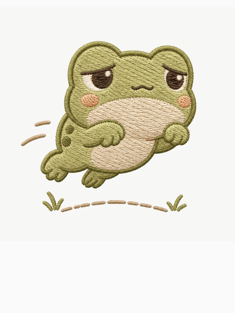Tiny Determined Frog Jump – Cozy Embroidery Style Kawaii Patch by AMICO77