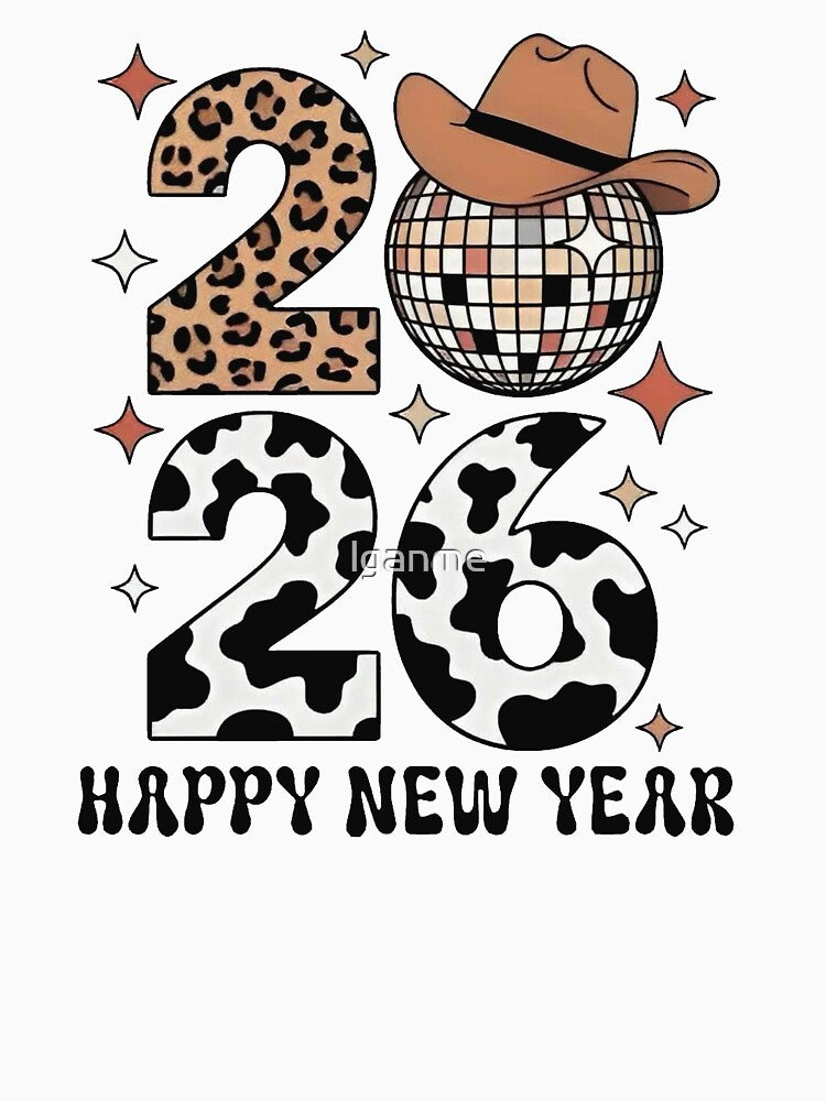 Happy New Year 2026 – Western Disco Leopard Cow Print Retro Design by lganme