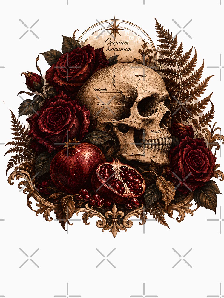 Cranium Humanum Side Skull - Dark Academia Roses and Pomegranate Gothic by Neurospicy Trolls