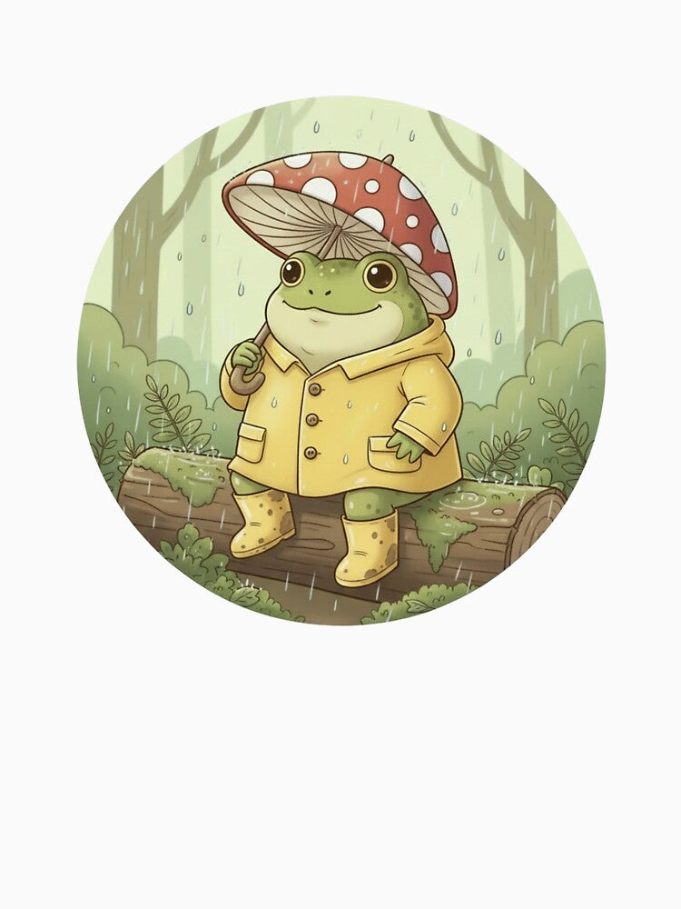 Cute Frog with Mushroom Umbrella – Rainy Forest Cozy Cottagecore Illustration by LavinyArt