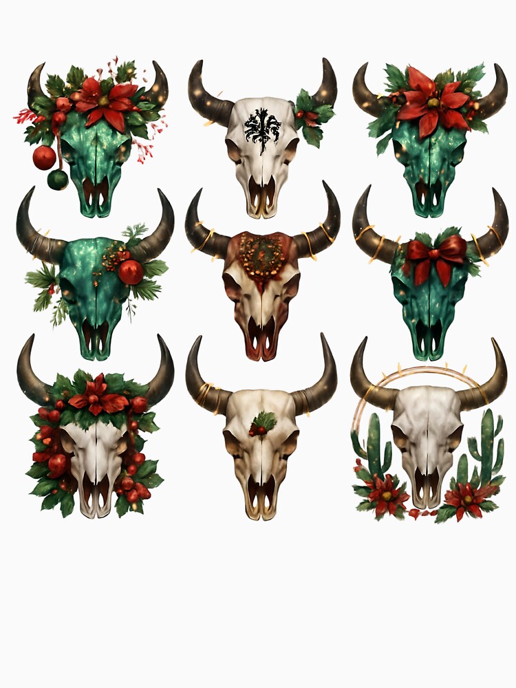 Boho Christmas Skull Design – Western Cow Skull Holiday Aesthetic for Clothing & Accessories by KimmiesColors