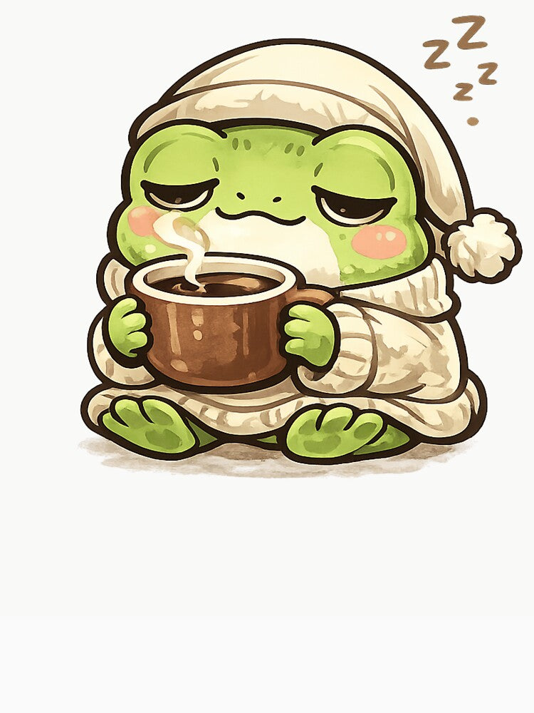 Sleepy Frog Drinking Coffee in Nightgown – Cozy Fantasy Frog Morning Aesthetic Art by Ortegan90