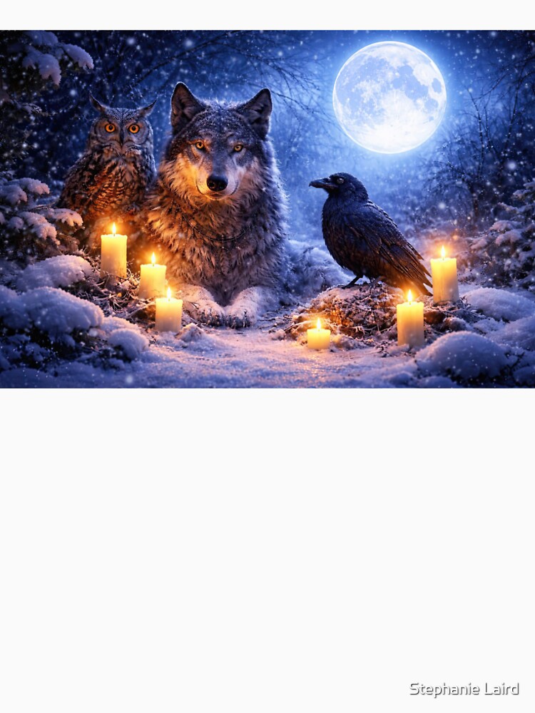 Winter Solstice Wolf Owl and Raven by Candlelight by Stephanie Laird