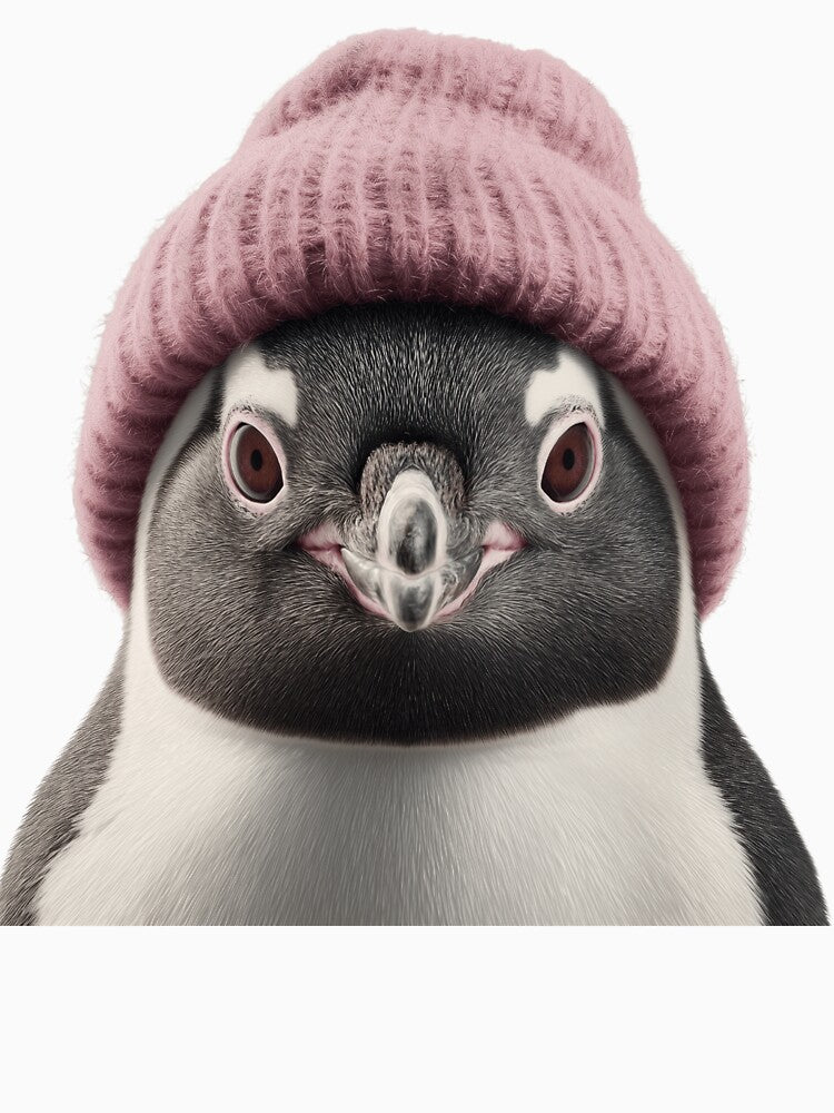 Cozy Penguin Wearing Pink Winter Hat Trendy Animal Fashion Artwork by LazyOwlStore