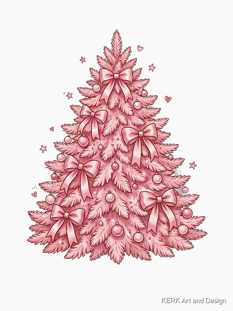 Coquette Pink Christmas Tree with Bows - Preppy Holiday Tee by KERK Art and Design