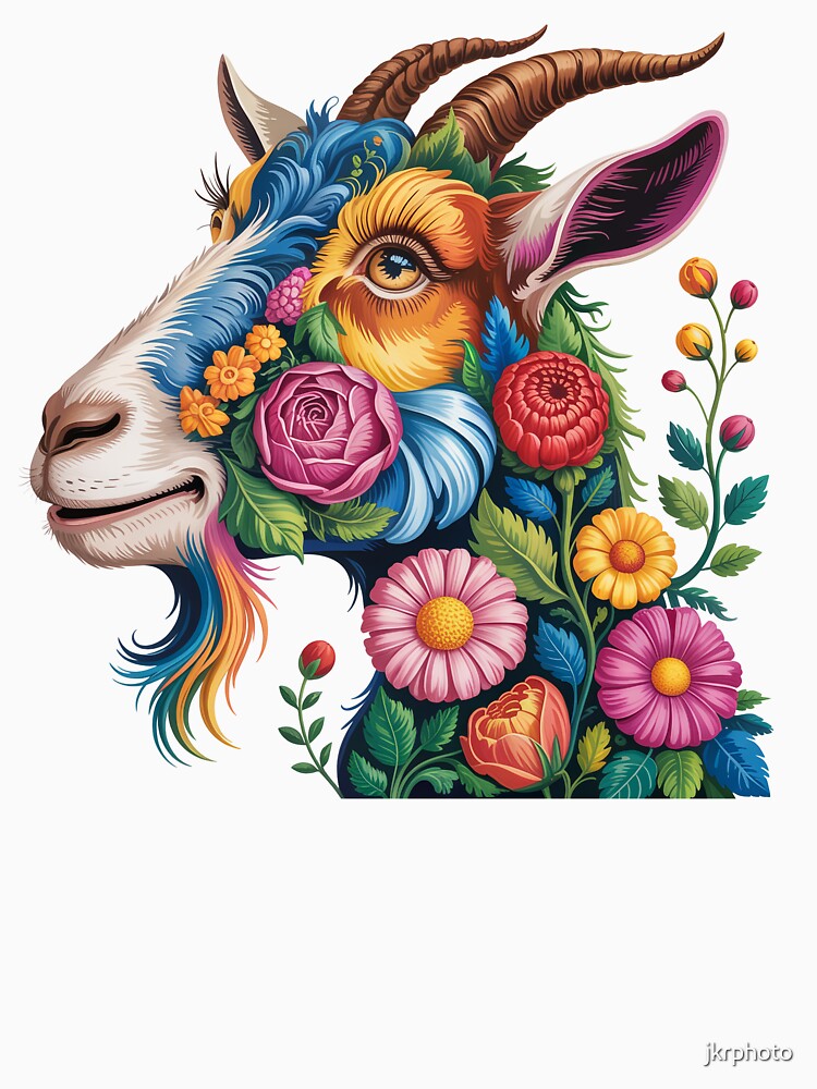 Vibrant Goat with Floral Mane by jkrphoto