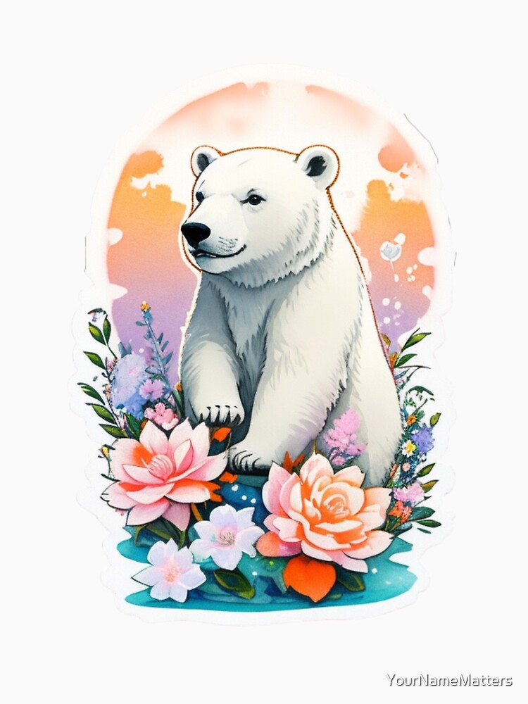 Charming Polar Bear with Watercolor Flowers at night by YourNameMatters