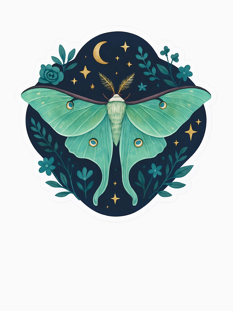 Luna Moth Under Moon and Stars – Botanical Night Sky Design by Zee's Whimsical Wonders
