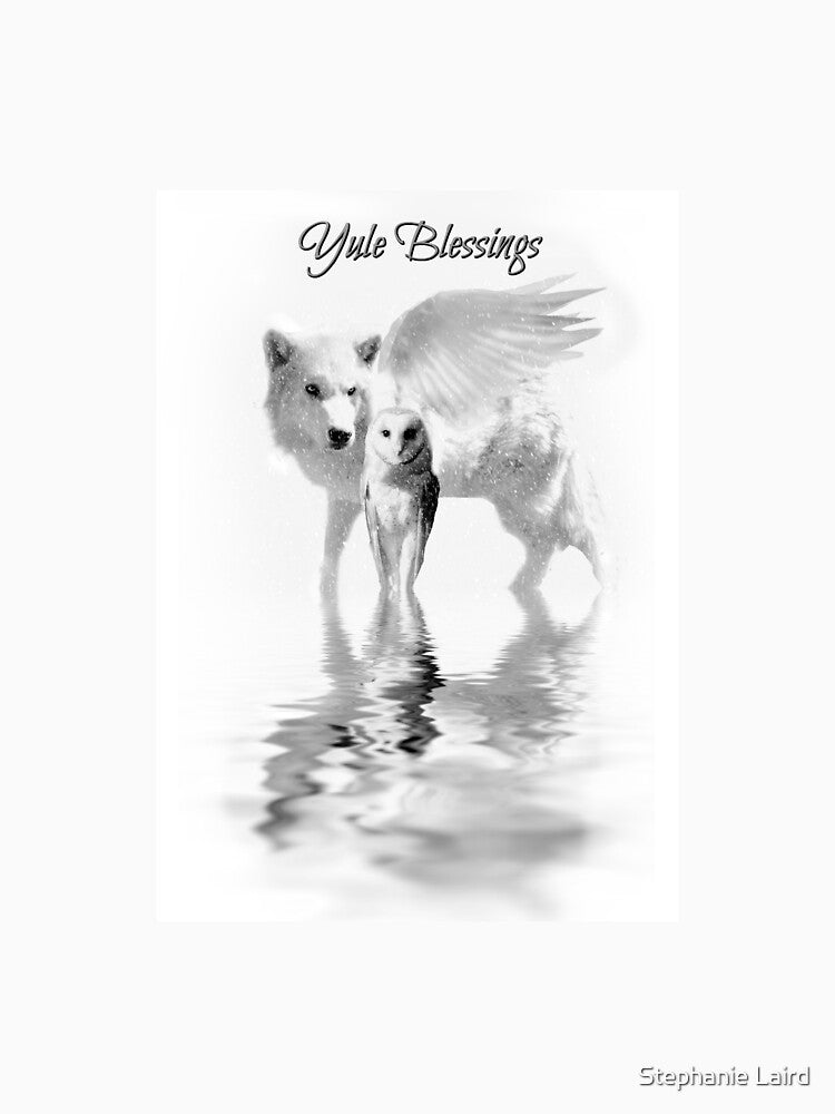 Yule Blessings White Winged Wolf and Owl by Stephanie Laird