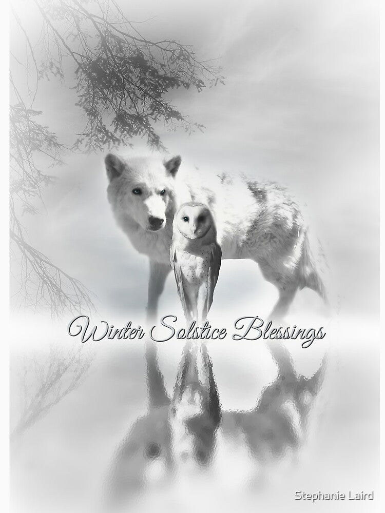 White Wolf and Owl Winter Solstice Blessings by Stephanie Laird