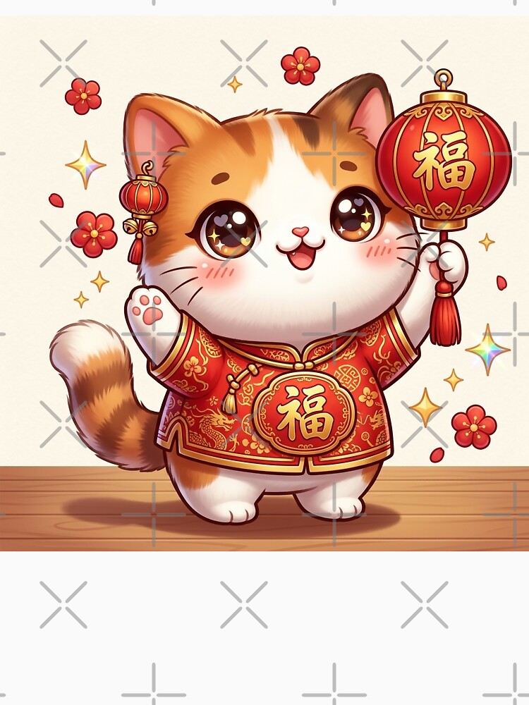 Kawaii Cute Lucky Cat Chinese New Year – Fu Lantern Festival Lunar New Year, red yellow by MoqunaDesign