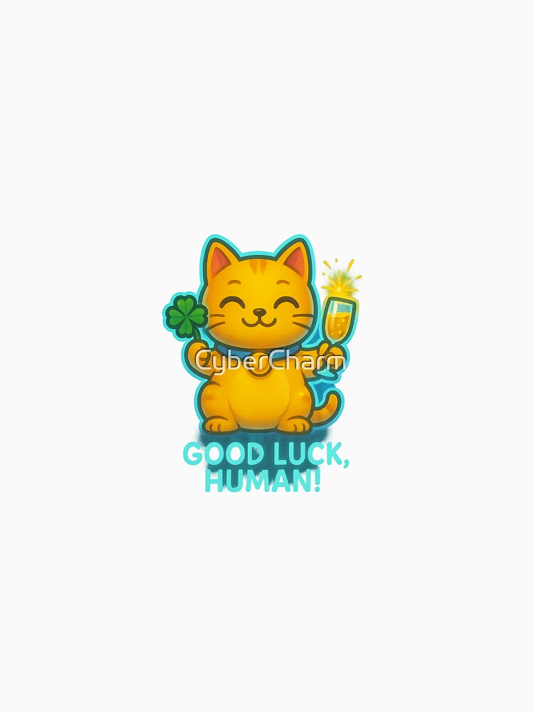Good Luck, Human! – Cute Lucky Cat with Champagne & Clover by CyberCharm