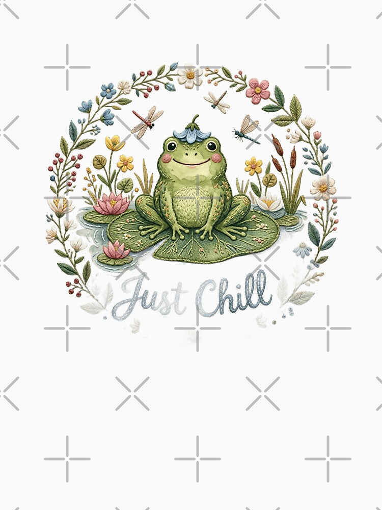 Just Chill Frog T-Shirt | Vintage Watercolor Cottagecore Frog on Lily Pad Tee by DmaarGroup