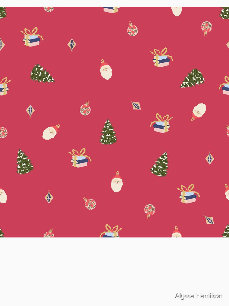 Cute Christmas Pattern with Santa, Books, Trees, and Ornaments by Alyssa Hamilton Art