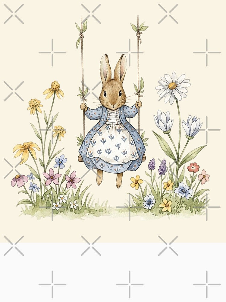 Joyful Bunny on Garden Swing Watercolor by Pasteltone