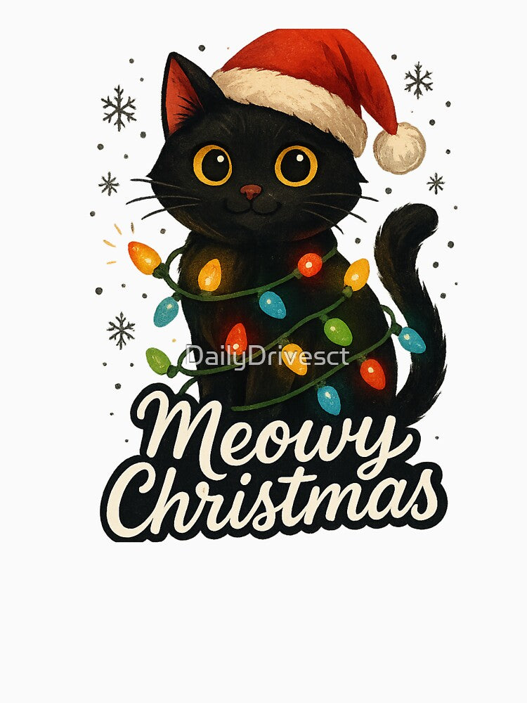 Meowy Christmas Black Cat with Santa Hat & Lights – Festive Holiday Design by DailyDrivesct