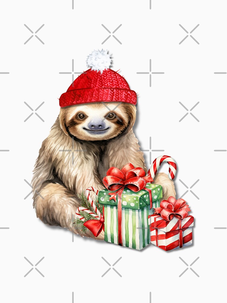 Watercolor Christmas illustration: funny Sloth with red beanie by HappyNoireArt