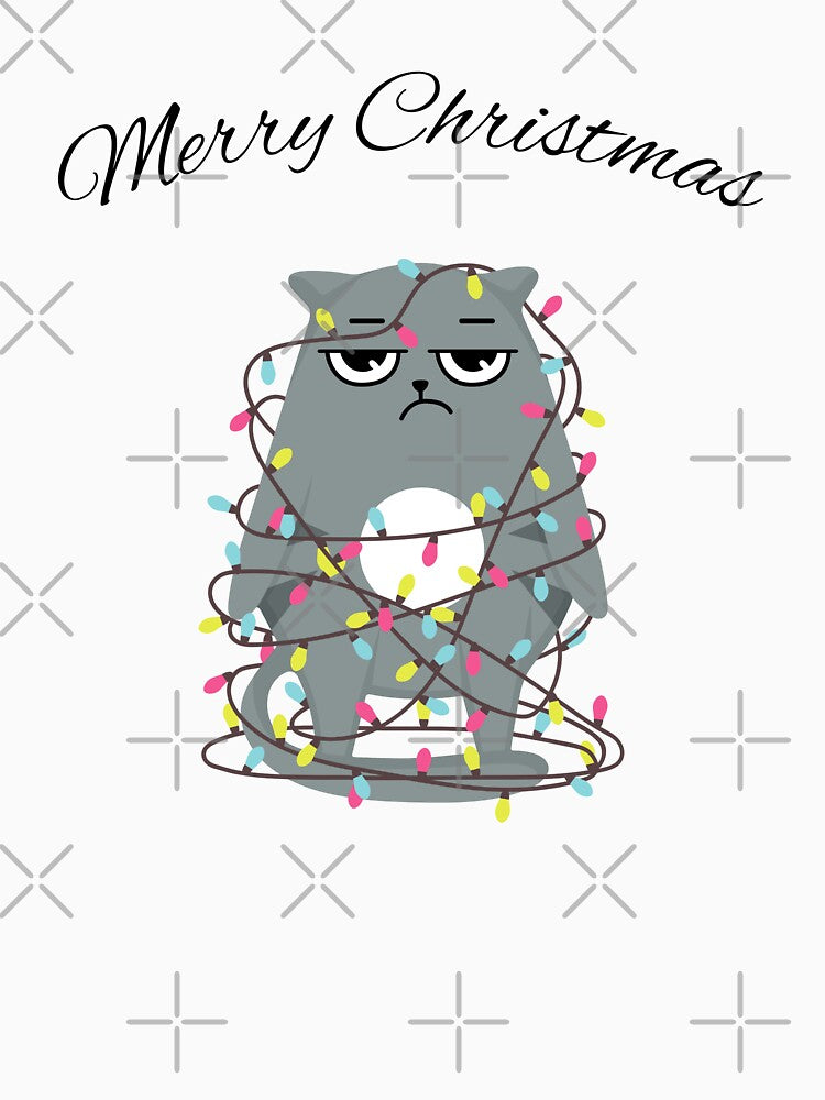 Merry Christmas Angry Cat tangled in Christmas lights design by Dominika Farkašová